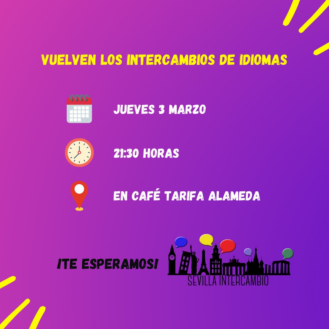 SVQIntercambio's tweet photo. The longest-lived Intercambio from the city is back!
Date, schedule and place are confirmed!!!
Don't miss it! Everyone is welcome!
#languageexchange #intercambiodeidiomas 
https://t.co/7rsW6MSUUK https://t.co/a7PrW82SQX