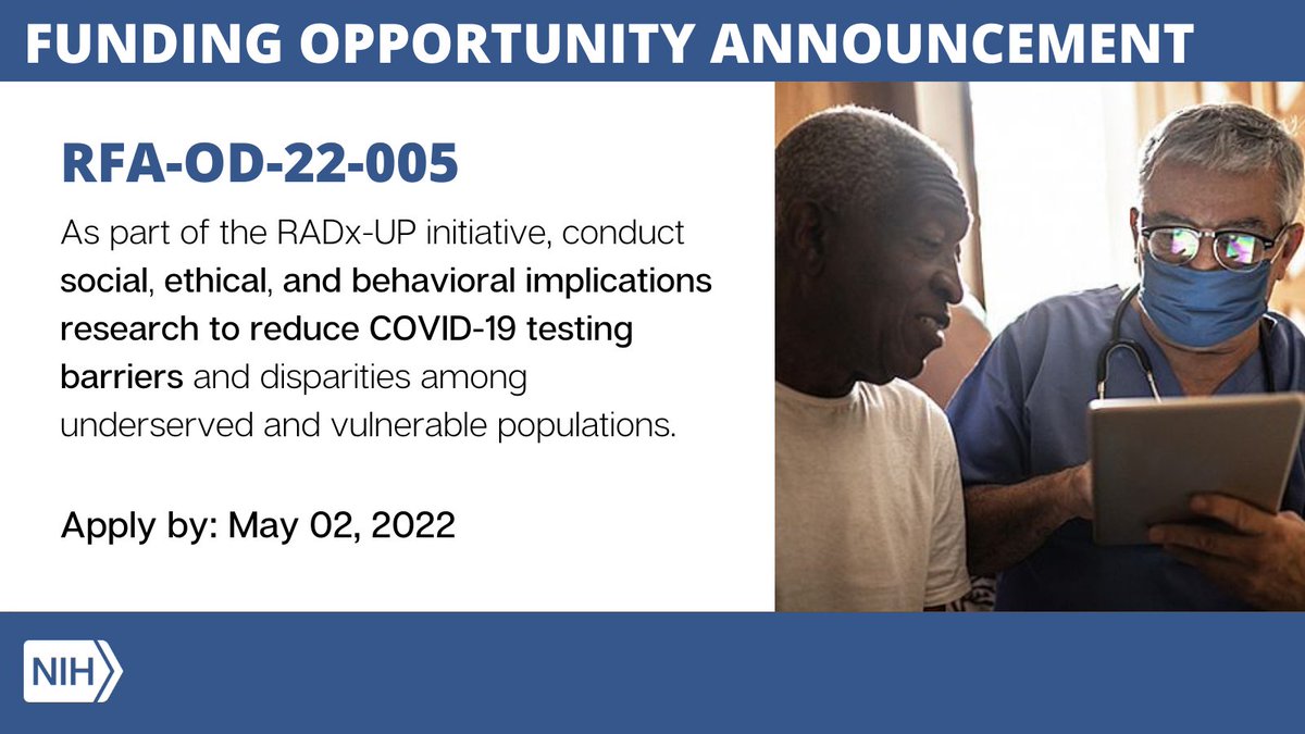 Ericka Boone, Ph.D. (@dbrwdirector) on Twitter photo Funding announcement: NEW <a href="/NIH/">NIH</a> research opportunities to support social, ethical, & behavioral implications research to reduce #COVID19 testing barriers and disparities among underserved and vulnerable populations: bit.ly/3BIysH5 #RADx #NIH #healthdisparities Funding announcement: NEW <a href="/NIH/">NIH</a> research opportunities to support social, ethical, & behavioral implications research to reduce #COVID19 testing barriers and disparities among underserved and vulnerable populations: bit.ly/3BIysH5 #RADx #NIH #healthdisparities