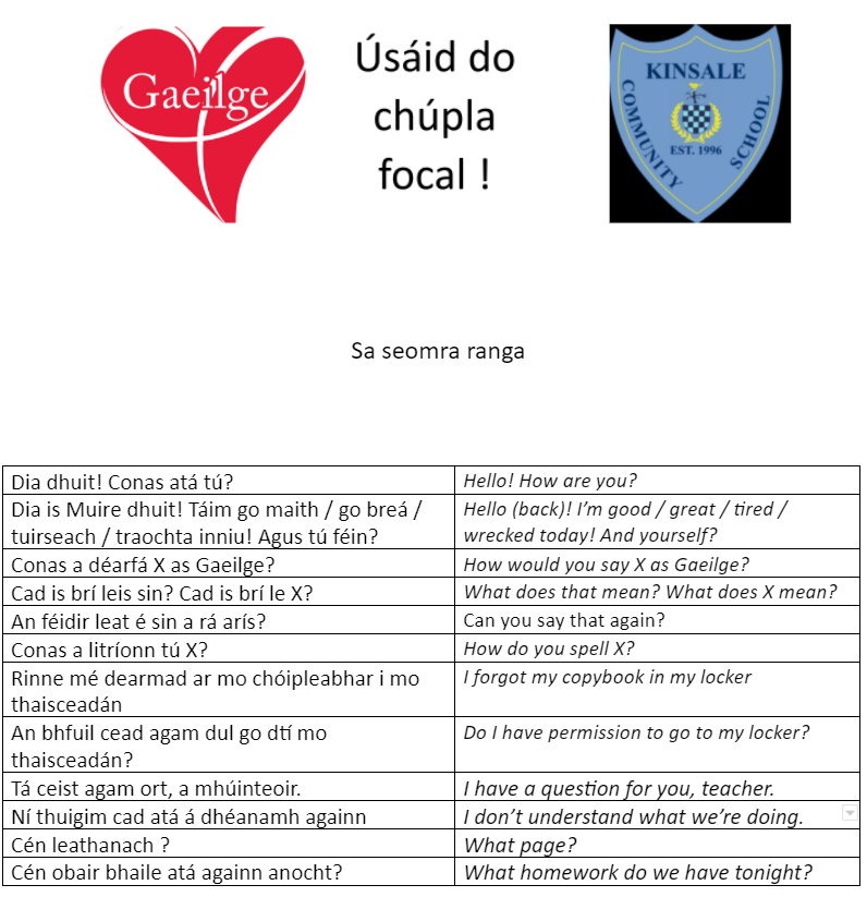 KinsaleComSch's tweet photo. Úsáid do chúpla focal - Seachtain a sé - An Ghaeilge sa Seomra Ranga #AnGhaeilge #SeomraRanga #KCS4Life @gaeilgekcs https://t.co/Cc8rlTLZrs