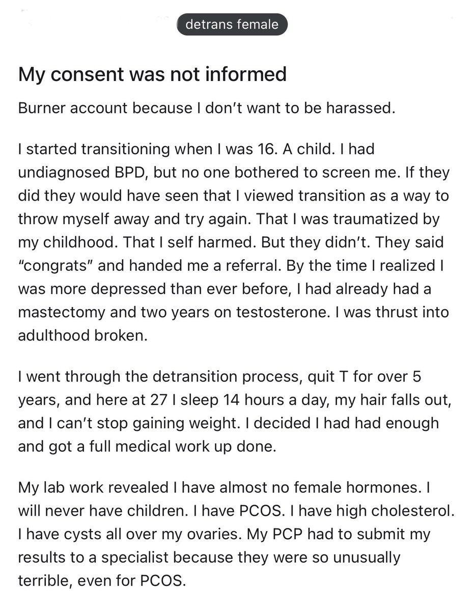 BillboardChris's tweet photo. Transitioned as a child, she has lost her breasts, her hair, her fertility, her health, her own hormones, and is now dependent on weekly injections for the rest of her life.

She had undiagnosed BPD, and received no mental health screening or warnings of the side effects. https://t.co/PM1KiCyZgK