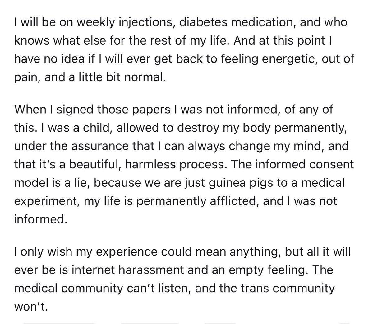 BillboardChris's tweet photo. Transitioned as a child, she has lost her breasts, her hair, her fertility, her health, her own hormones, and is now dependent on weekly injections for the rest of her life.

She had undiagnosed BPD, and received no mental health screening or warnings of the side effects. https://t.co/PM1KiCyZgK