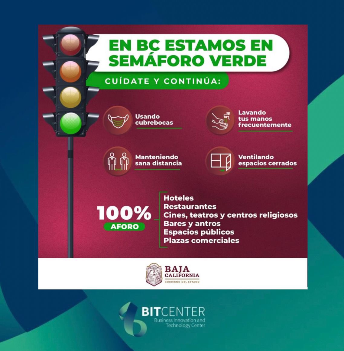 🟢En BC estamos en verde 
Continúa con los protocolos sanitarios y medidas preventivas: uso de cubrebocas,  sana distancia, ventilación de espacios y lavado de manos.
