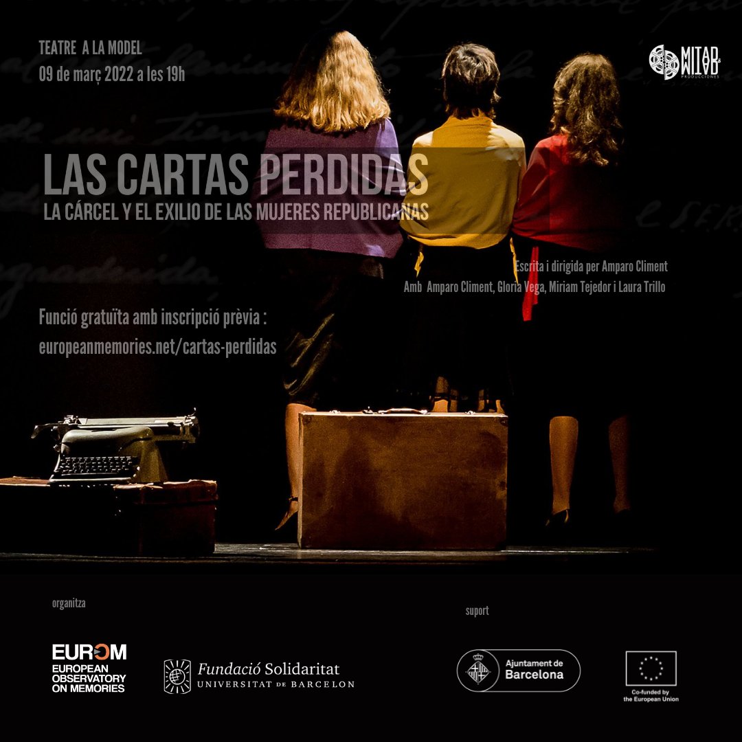 MitadYMitadProd's tweet photo. 📣 ATENCIÓN ‼️
📋 Abiertas inscripciones para asistir a #LasCartasPerdidas en #LaModel #Barcelona
🎭 @amparocliment @GloriaVega50 @MiriAudrey #LauraTrillo
👉 Info y reservas: https://t.co/XRVrM2GTSM
(Por favor no reserves si no es segura tu asistencia)
#teatro #cultura #memoria https://t.co/GYaAgn6ZmK