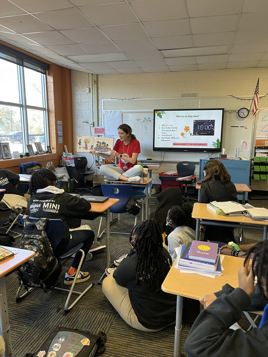 Teacherling's tweet photo. Too old for picture books?! NEVER! Thank you, Ms. Hardwick and class for inviting me to join!!!#ReadAcrossAmericaDay @CEWNorth https://t.co/XtgczGpZaE