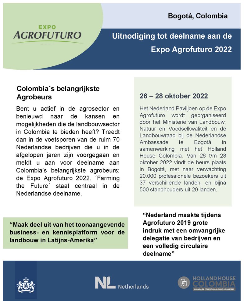 Ben je actief in de agrarische sector en geïnteresseerd in Colombia? Aanmelden voor Expo Agrofuturo 2022 kan tot uiterlijk 31 mei 2022. Meer informatie: agroberichtenbuitenland.nl/landeninformat… <a href="/AgroBericht/">AgroberichtenBuitenland</a> <a href="/HollandHouseCol/">HollandHouseColombia</a> <a href="/NLinColombia/">NL Embajada Colombia</a> <a href="/EAgrofuturo/">ExpoAgrofuturo</a>