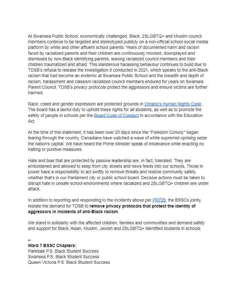 QVBSS's tweet photo. Still relevant. Our joint statement regarding racist and other hateful incidents in @tdsb schools, and the privacy practices perpetuating harm. https://t.co/L2OWQA32Eu