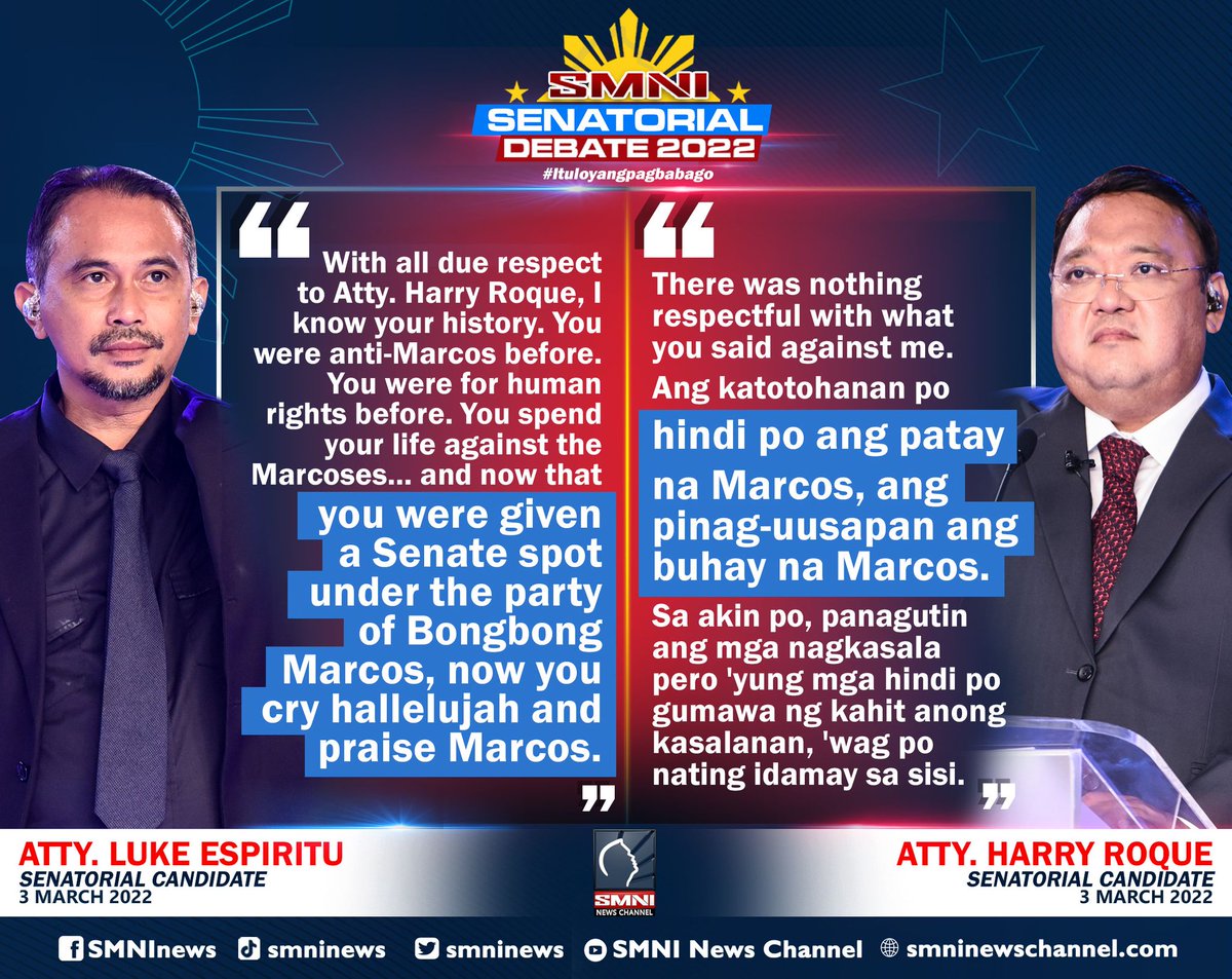 smninews's tweet photo. #SMNIsenatorialdebate: @LukeEspirituPH vs @attyharryroque https://t.co/6k4Krp2PIh