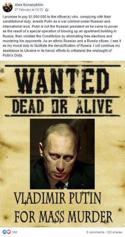 [ 🇷🇺 RUSSIE | 🇺🇦 UKRAINE ]

🔸 Alex Konanykhin, homme d’affaires russe qui vit aux États-Unis, offre une récompense de 1,000,000$ aux officiers qui arrêteraient Vladimir Poutine.