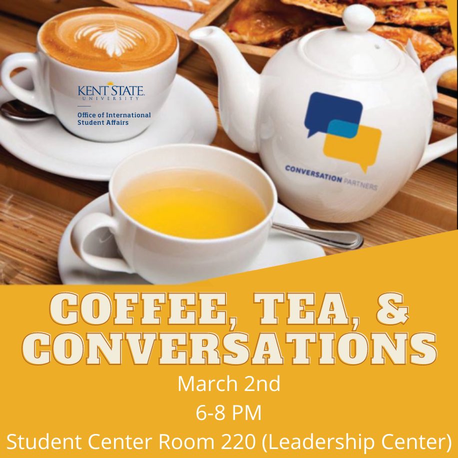 KSGlobalVillage's tweet photo. Join the Office of International Student Affairs and the Conversation Partners program TONIGHT for Coffee, Tea, and Conversations! This will be a great opportunity to talk get free food &amp;  play Kahoot! This engaging event will be in Student Center Room 220 from 6:00 pm to 8:00 pm https://t.co/7kvZXU60YQ