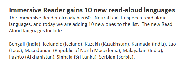 We've just rolled out 10 new read aloud languages for the Immersive Reader 🌍🌎🌏 I predict my global educator friends will be excited 🥳

Details: techcommunity.microsoft.com/t5/education-b…

#accessibility #dyslexia #edtech #MIEExpert #MicrosoftEDU