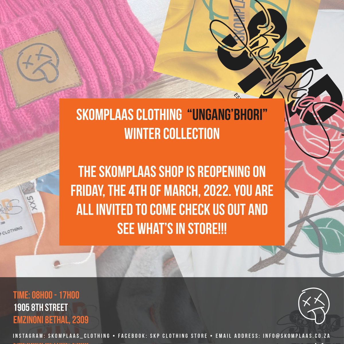 Ngezi_Skomplaas's tweet photo. Good evening to you! ๐
The wait is finally over ๐ SKP Clothing Store is re-opening this coming Friday!!!
08h00 - 17h00 ๐
#UngangBhori Winter collection will be available from Friday.. Come check us out and see what is in Storeโค๏ธ
#SkomplaasClothing
#SKP_CLOTHING
#Skomplaas https://t.co/WFQgPUiVt7