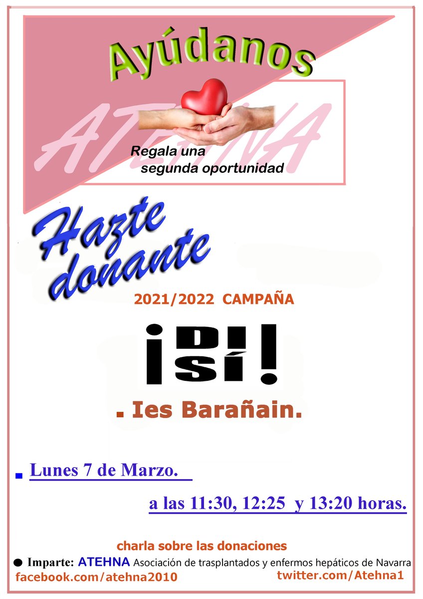 ATEHNA1's tweet photo. Este Lunes 7 de Marzo, dentro de nuestra campaña  DI-SI  2021-2022, estaremos en el instituto, Ies Barañain. Daremos tres charlas a los alumnos de dicho centro. https://t.co/REZ32KNbKF