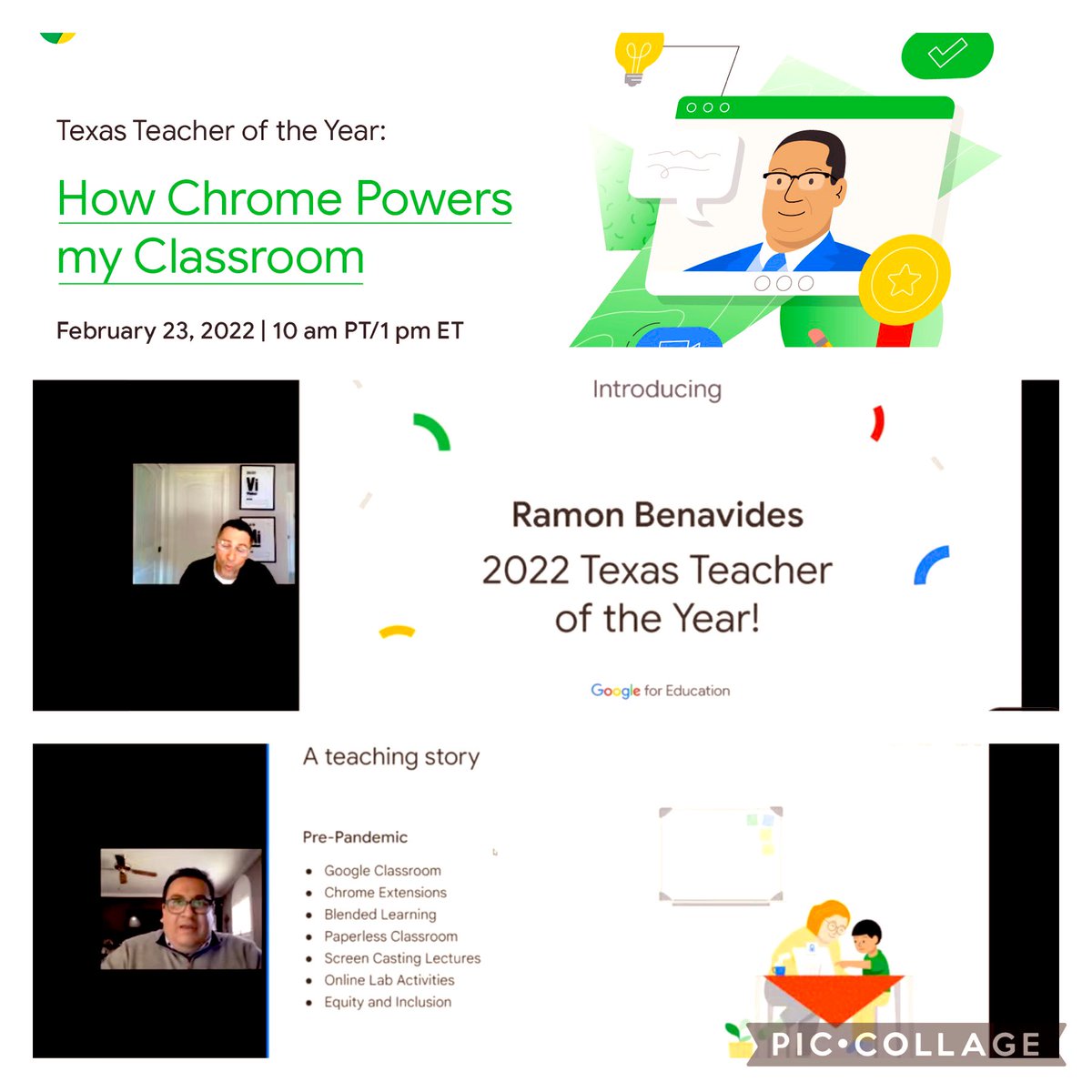 R_Benavides2's tweet photo. It was an amazing experience being a part of the #TeachWithChrome Series @GoogleForEdu this morning. Special thanks to @kdhodges18 and everyone at #GoogleEd for the invitation. @YsletaISD @DVHSYISD You can watch it here https://t.co/JMwqGc7YHg https://t.co/rOm8qHFqJ8