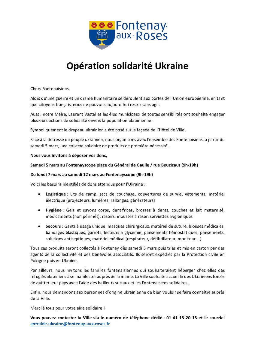 fontenay92's tweet photo. Opération solidarité Ukraine
La ville se mobile pour aider la population ukrainienne
https://t.co/D4zuAanwJb https://t.co/yBstIMBLXr