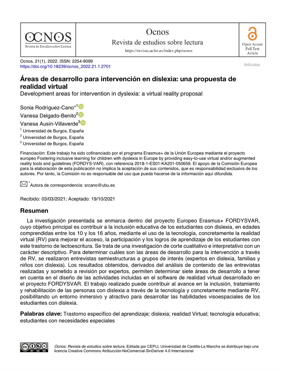 “Áreas de desarrollo para intervención en dislexia: una propuesta de realidad virtual” artículo publicado en <a href="/Ocnos_revista/">Ocnos</a> junto con <a href="/soniarocano1/">soniaRocano</a> y <a href="/vanesausin/">Vanesa Ausín Villaverde</a> 

<a href="/UBUEstudiantes/">Universidad Burgos</a> 
<a href="/UBUinvestiga/">UBUinvestiga</a> 
<a href="/actualidadUBU/">Actualidad en la UBU</a> 

Disponible en acceso abierto aquí 👇🏻

revista.uclm.es/index.php/ocno…