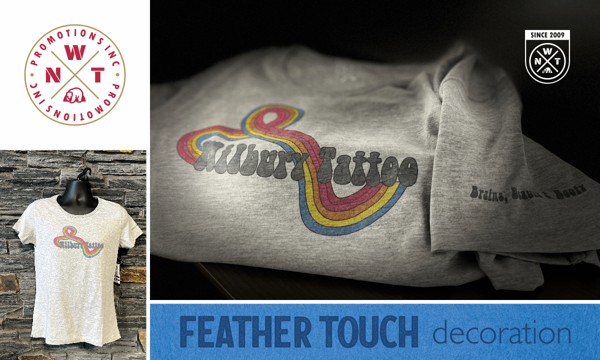 Groovy feather touch t-shirts for the Traveling Wilbury Tattoo Company. This breathable decoration is infused into the fabric creating a lightweight and comfortable feel. Contact NWT Promotions Inc. about custom t-shirts.

#customtshirts #sprucegrove #stonyplain