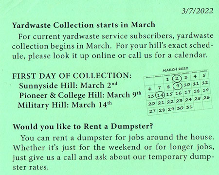 Monthly mailers are here again with great information, this month about yard waste calendars. Check them out below or on our website pullmandisposal.com/blog/mailers/