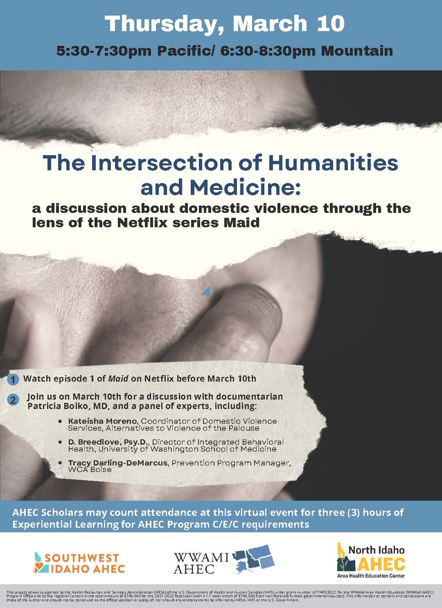 Attend our first 2022 AHEC Scholars Event and earn 3 hours of C/E/C! You must watch the first episode of the Netflix series MAID if attending, but we encourage you to watch the whole thing.
