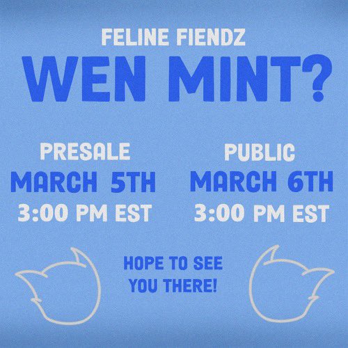FelineFiendz's tweet photo. 😸 MINT TIMES 😸

PRESALE: MARCH 5TH @ 3 PM EST
PUBLIC: MARCH 6TH @ 3 PM EST

MINT LINK WILL BE POSTED HERE ON TWITTER, AND ONLY TWITTER! 😼 https://t.co/4pHE3gsbON