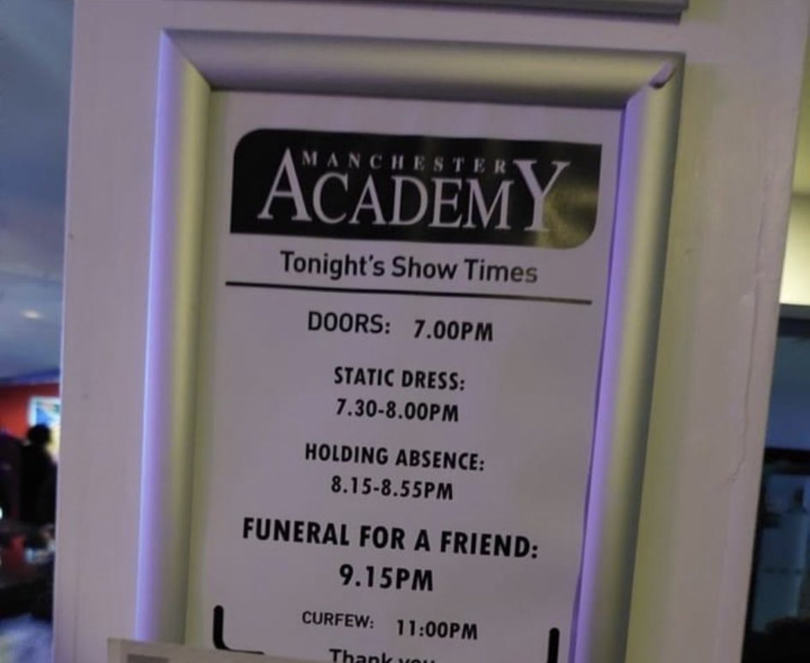 Passing_Comment's tweet photo. @ffaf_official @MancAcademy for anyone who needs stage times for Funeral for a Friend in Manchester, someone posted this on the academy Facebook. #ffaf #manchesteracademy https://t.co/idBq353wky