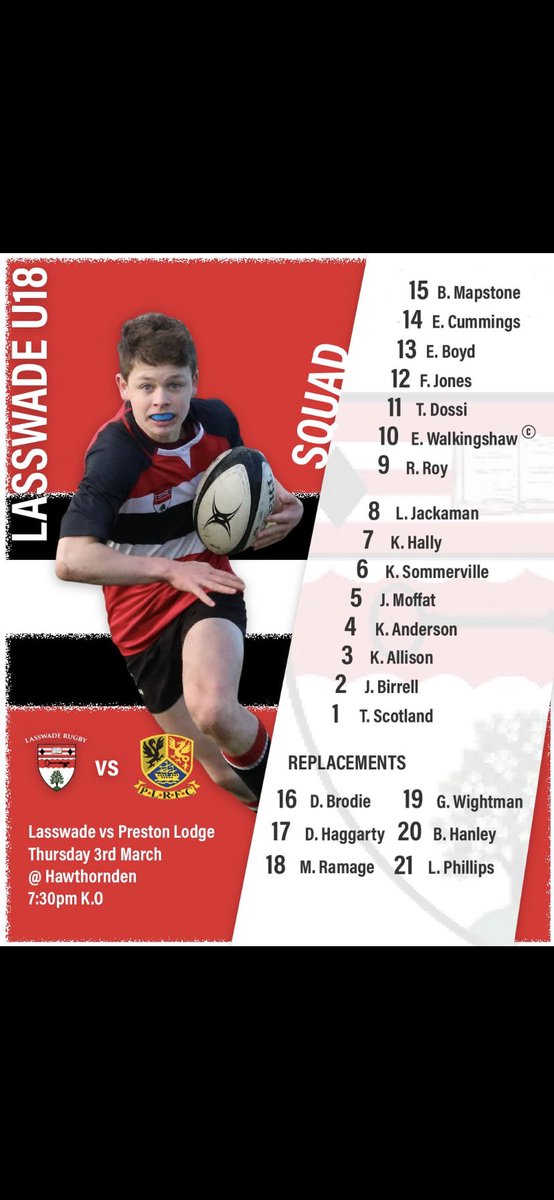 Thursday Night Lights 🌟🌟🌟

Our 18’s take on <a href="/PrestonLodgeHS/">PLHS</a> tomorrow night in a friendly fixture.

7:30 ko at Lasswade RFC 

<a href="/LasswadeRFC/">LasswadeRFC</a> @LasswadeHSC @lasswadesports