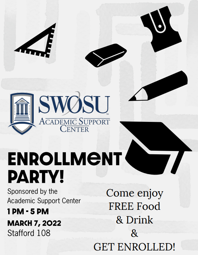 SWOSUSupport's tweet image. ❗ATTENTION❗ Enrollment opens for ALL students starting Monday, March 7th! 

Stop by Stafford 108 between 1 &amp;amp; 5 on Monday to meet with one of our advisors and GET ENROLLED! Free food &amp;amp; drink will be available to all attendants :)