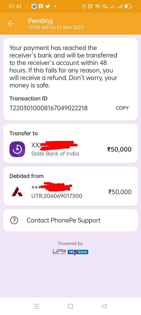 shasha_sau's tweet photo. @PhonePeSupport @PhonePe_ After two days also my transaction status shows as pending. Amount has been  deducted but still not credited to the destination account.  Kindly check https://t.co/FZhzZ17gkN