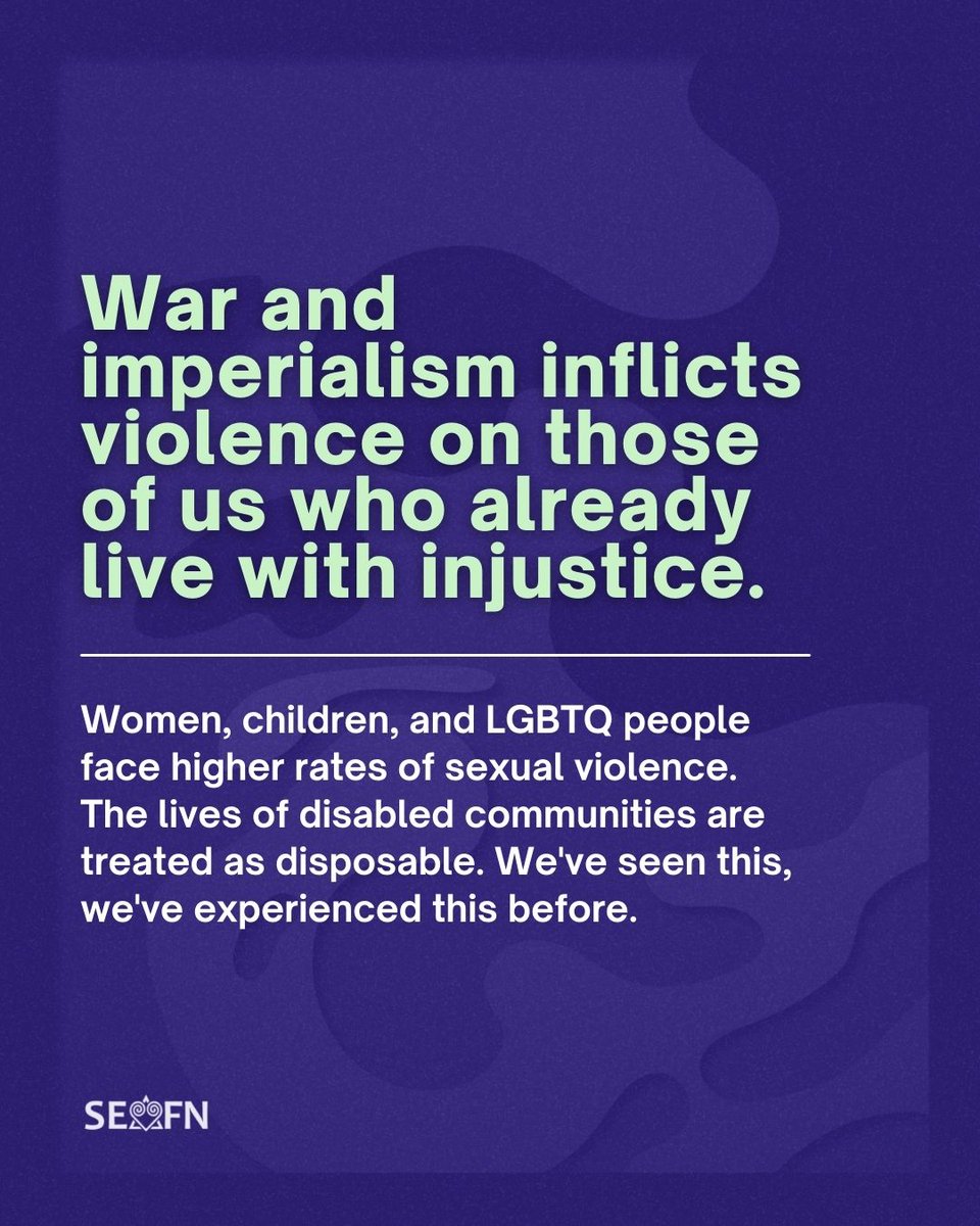 KhaagWa's tweet photo. War and imperialism inflict violence on those of us who already live with injustice. Women, children, and LGBTQ people face higher rates of sexual violence. The lives of disabled communities are treated as disposable. We've seen this, we've experienced this before. https://t.co/d7UxJFZ1lW