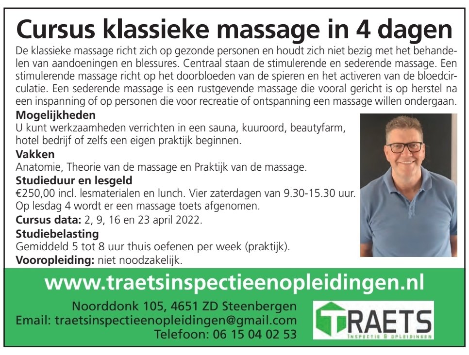 CURSUS KLASSIEKE MASSAGE

Wilt u graag leren om op een juiste en professionele manier te masseren? Dan bent u bij ons aan het juiste adres. Wij gaan de cursus Klassieke Massage geven. Na deze cursus kunt u uw eigen praktijk starten.