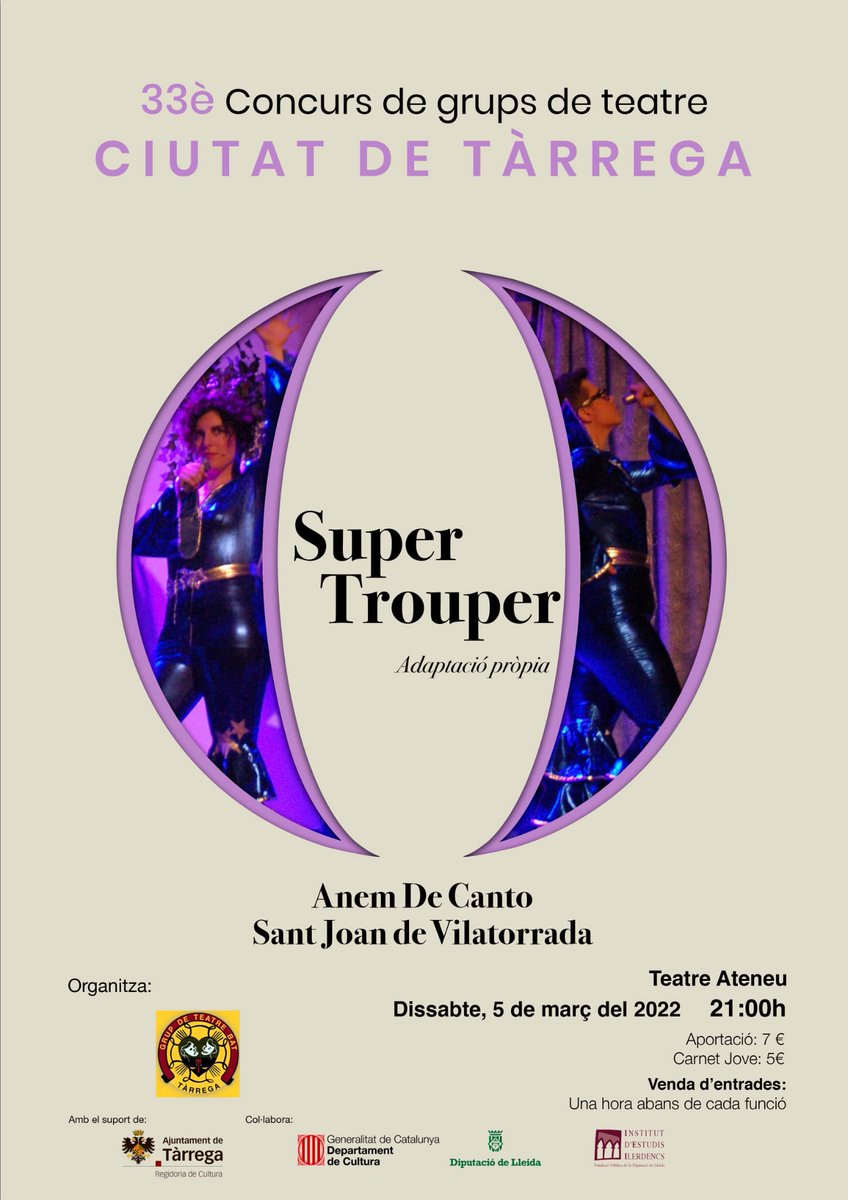 anemdecanto's tweet photo. Amigues i amics,
Aquest dissabte 5 de març participem en el 33è concurs de grups de teatre Ciutat de Tàrrega amb "Super Trouper"! Us esperem al Teatre Ateneu a les 21h, podeu comprar les entrades (7 euros) una hora abans de la funció.
#supertrouperadc #culturasegura #anemdebolo https://t.co/5wFQOPSAgq