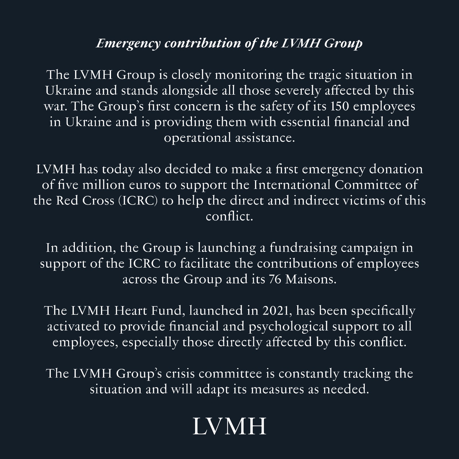 LVMH on X: The LVMH Group stands alongside all those severely affected by  the war in Ukraine. The Group's first concern is the safety of its 150  employees in the country. LVMH