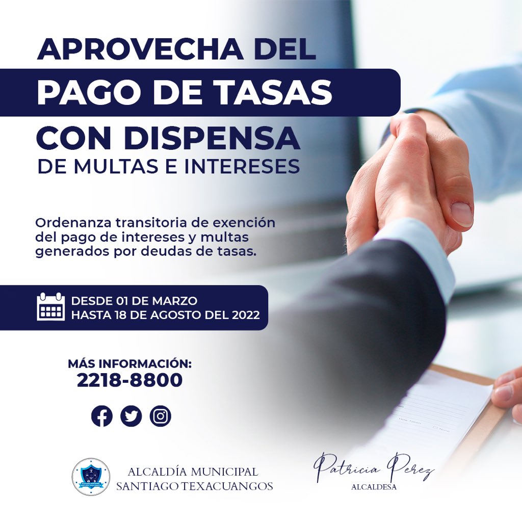 AlcaldiaStx's tweet photo. Informamos a nuestra población que entró en vigencia la ordenanza transitoria para el pago de tasas municipales con dispensas de intereses moratorios y multas.

✅Puedes realizar tus pagos sin recargo a partir del 01 de marzo al 18 de agosto del 2022. https://t.co/qI71Gjynwc