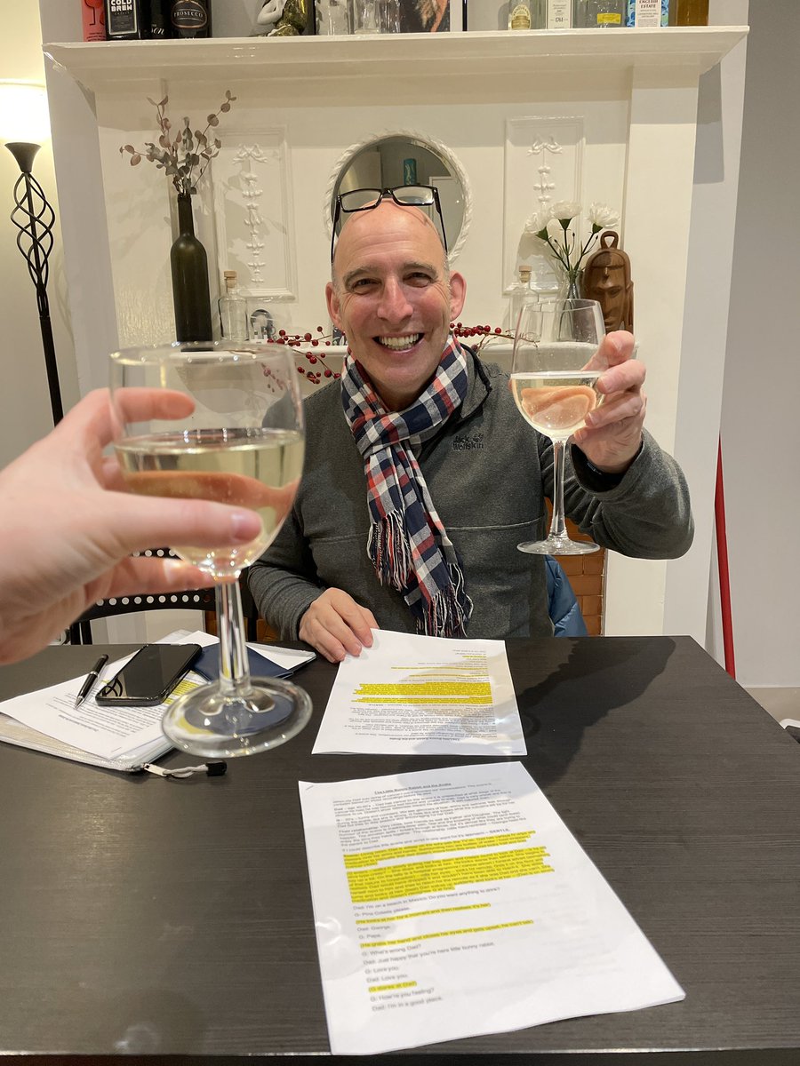 georgiaborne's tweet photo. Another #showreel scene together 🥂
This time he’s not my doctor, he’s playing my Dad - ‘The Bunny Rabbit and The Snake’ coming soon. 
Second read through rehearsal of a super special scene &amp; also celebratory fizz for @brennerj2912’s WEST END DEBUT 🎊 https://t.co/0cCo0yf3hO