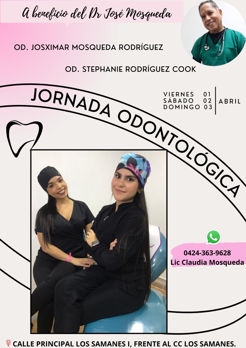 byclaumr's tweet photo. Buenas nochecitass👋🏼
A beneficio de la operación de papá, mi hermana y mi prima harán una jornada de odontología, dónde la consulta diagnóstica + limpieza dental tendrá un valor de $5.
Si me pueden ayudar a difundir 📣🥺
Los que estén interesados, pueden contactarme 💜
#RT 🙏🏼 https://t.co/RB8HntrJfY