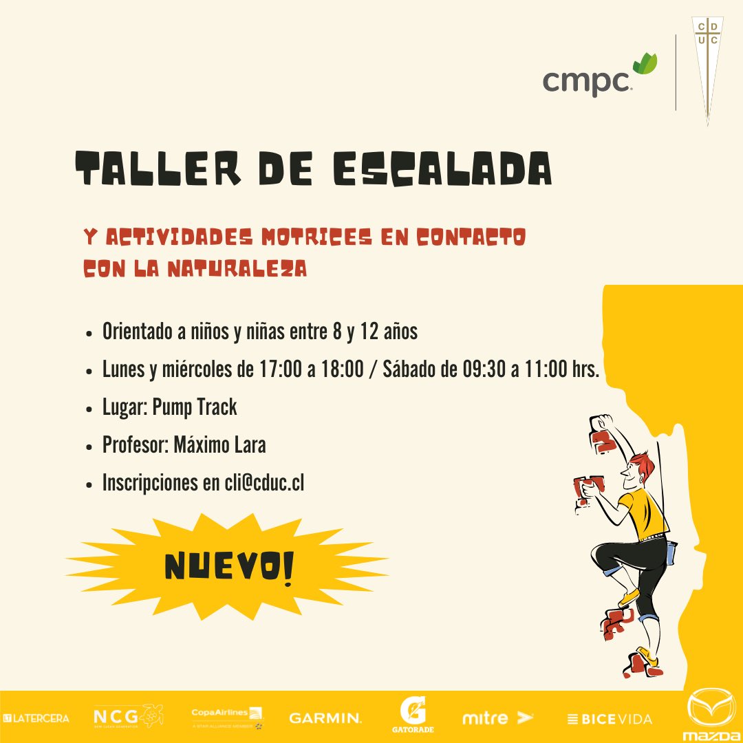 ClubHouseUC's tweet photo. Inscríbete en el nuevo Taller de Escalada 🧗🏻‍♂️💥 para niños y niñas desde los 8 hasta los 12 años que se llevará a cabo en el Pump Track.
 
Para inscripciones y más información, escribe a 👉🏼 cli@cduc.cl https://t.co/4JIJnmZkbF