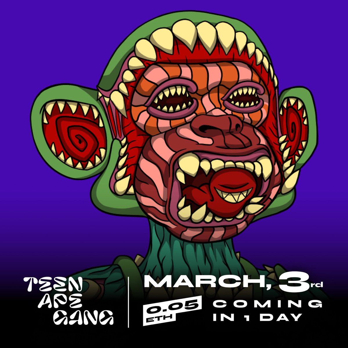 TeenApeGang's tweet image. It’s TOMORROW! 
The launch of TAG’s new huge NFT collection. 

Be a holder! Details on how to mint in our discord. discord.gg/797NW9MXV3