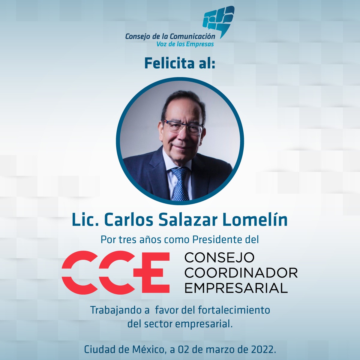 Muchas felicidades estimado Lic. Carlos Salazar Lomelín por tu gran liderazgo en estos 3 años como presidente del <a href="/cceoficialmx/">Consejo Coordinador Empresarial CCE</a>
