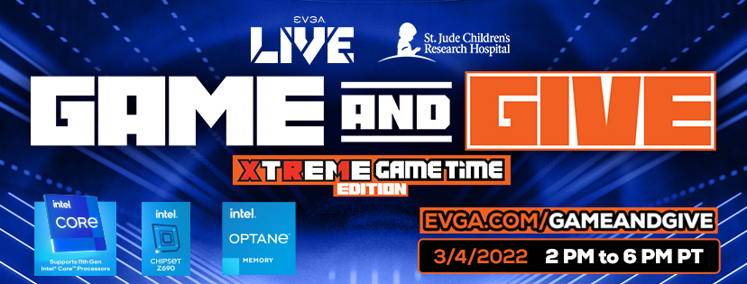TEAMEVGA's tweet photo. Get ready for some "thrilling gameplay" THIS FRIDAY! It's the XTREME GAME TIME edition of the EVGA Game and Give! Join us as we raise money for St. Jude Children's Research hospital! Fun starts THIS FRIDAY at 2PM PT! Learn more at https://t.co/hoRFfHFXCv https://t.co/nXg8fVhAqA