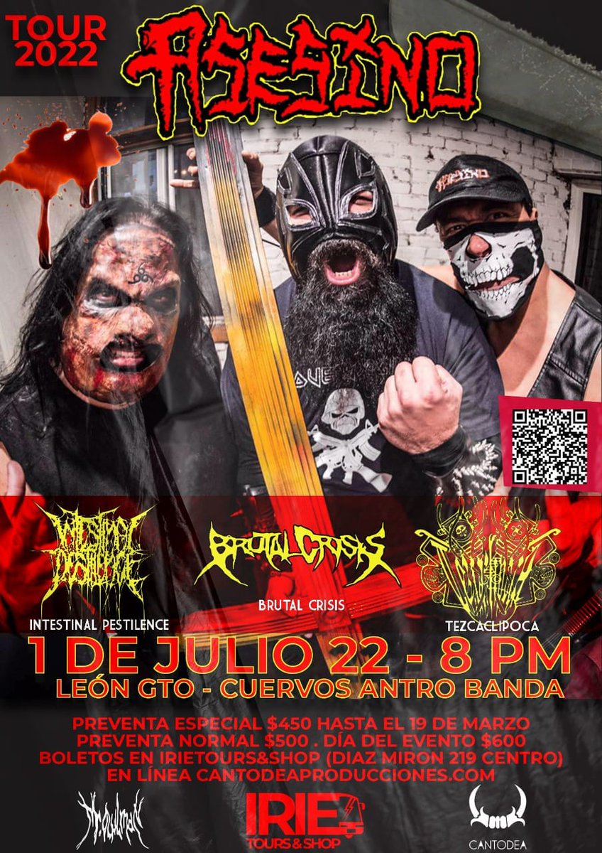 IntestinalMx's tweet photo. TOUR ASESINO 2022
 
@AsesinoMusic + #IntestinalPestilence + #Brutal Crisis + #Tezcatlipoca

VIERNES 1 #JULIO
BAR CUERVOS #LEON #GTO

@DinoCazares @Mitch61644921 @MetalMexicano66 @MetalMexico @MexMetalCrew @trickymom1  #Concierto #EnVivo #Mexico #Leon #GTO #Brutal #Death #Asesino https://t.co/yFXCk9x1Xz