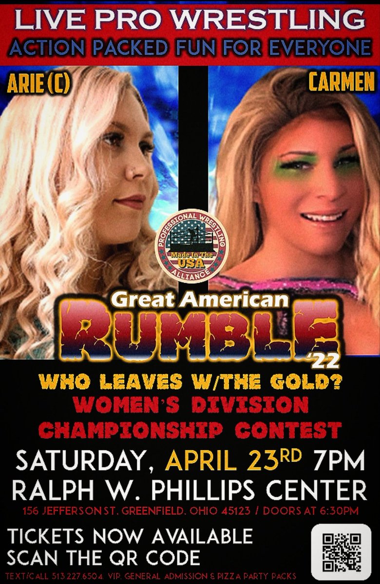 Big Match Announcement... <a href="/PWAWrestle/">Professional Wrestling Alliance</a> Women's Champion, <a href="/ArieAlexanderAA/">Arie Alexander</a> defends against Carmen Chaos. It's the Great American Rumble. Tickets NOW available at  guestli.st/707700, drop us a DM or Call/Text 513.227.6504.
