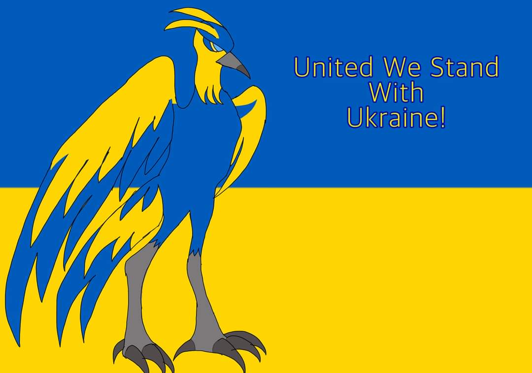 Hoperisingmusic's tweet photo. My daughter, Sasha wanted to do something to show her solidarity to the people in Ukraine. 
She drew this on her tablet while I was driving us home from her complex care appointment.
*The bird is based off the Nightingale, the offical animal of Ukraine. She named him Kyiv.

💛💙 https://t.co/i4CxrLhiPW