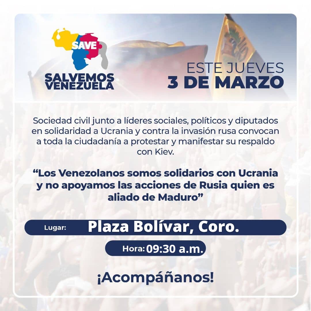 Mañana desde #Falcón también nos expresaremos  en contra de la invasión y a favor de nuestros hermanos ucranianos.

#VzlaRespaldaUcrania 
@VanessaFlores_1 
@EnCiudadanoVzla 
@delsasolorzano