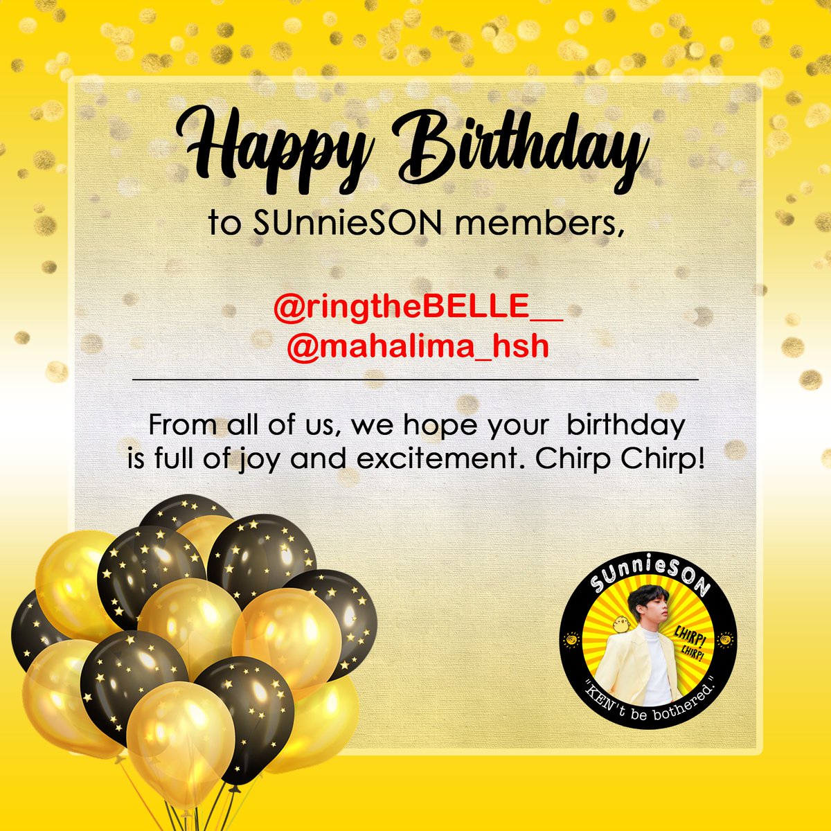 SUnnieSON_'s tweet photo. Dipaphy Hartby to SUnnieSON members, @ringtheBELLE__ &amp; @mahalima_hsh 🥳

Enjoy your day &amp; stay unbothered! 

@SB19Official #SB19 
#SB19_KEN @keun16308352 https://t.co/KrGYYW4axK