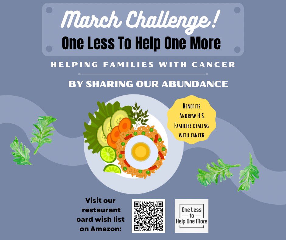 OneLesstoHelpO1's tweet photo. March Challenge: This month, OLOM has created an Amazon wishlist in order to purchase gift cards to local restaurants for VJA families who have a family member dealing with cancer. The gift of a meal can bring back some normalcy and provides a priceless amount of comfort. https://t.co/cgz13DhqsD