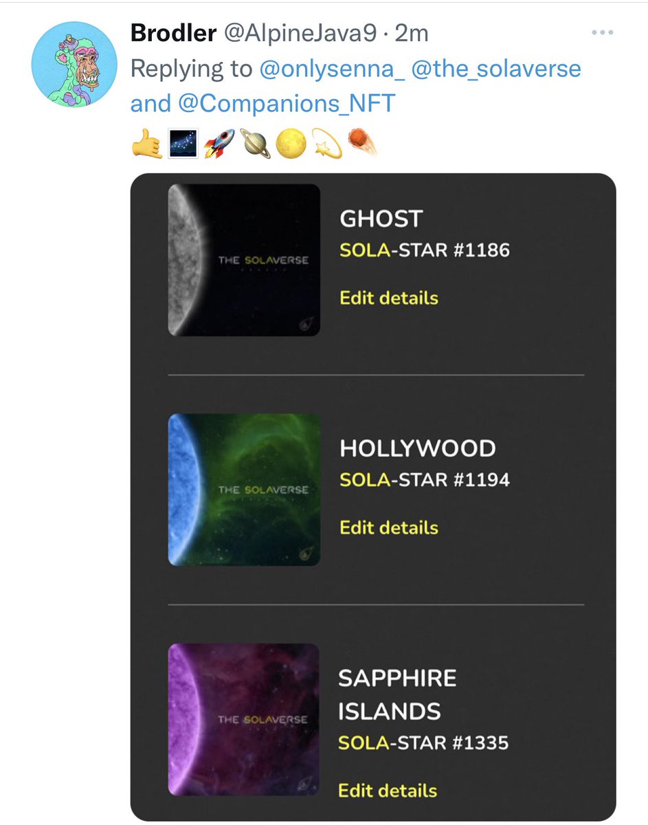 AlpineJava9's tweet photo. @onlysenna_ @ryandcrypto @the_solaverse 🤙✨⭐️💫 https://t.co/DW7SJFf3ND
