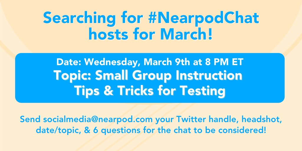 Thank you <a href="/mitzicvincent/">Mitzi Vincent</a> for co-hosting our #NearpodChat! 💙 

Interested in hosting a chat? We're searching for hosts for March 9th!
Topic: Small Group Instruction Tips &amp; Tricks for Testing

✉️ Send socialmedia@nearpod.com your Twitter, headshot, &amp; questions for the chat!
