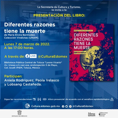librosunam's tweet photo. 🕵️‍♂️🕵️‍♀️Sigue las pistas y descubre las _Diferentes razones tiene la muerte_, de María Elvira Bermúdez, en la presentación del próximo lunes. Acompaña a Aniela Rodríguez @anielasind, Paola Velasco y Lobsang Castañeda. @CulturaEdomex #LibrosUNAMenCasa https://t.co/TY2VSg3Sof