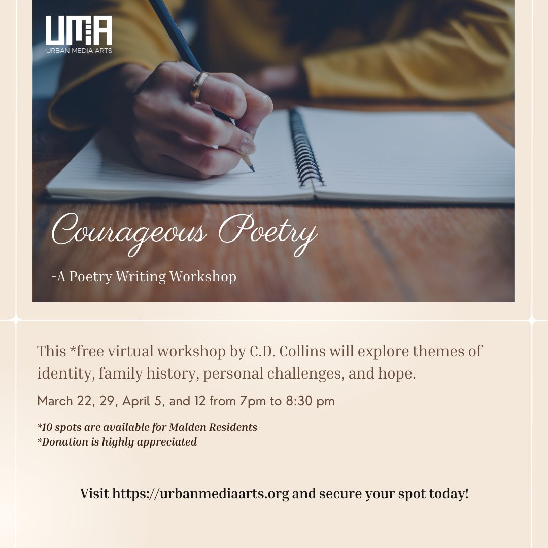 urbanmediaarts's tweet photo. #poetry #writingintensive for #malden community with acclaimed author poet spoken word artist CD Collins. Inspired by #onecityonebook pick @JoyHarjo #anamericansunrise. 4 sessions starting tue 7pm starts 3/22
Free tx to @MaldenCulture
Apply https://t.co/wpSbFNnjdp https://t.co/UMvyWsT7hG