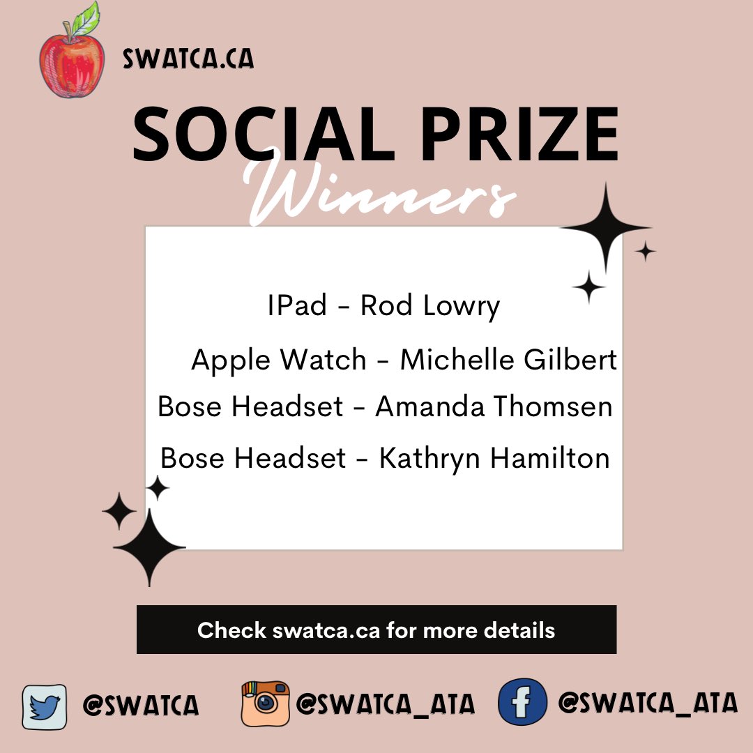 Here are the big prize winners from the social! Go to swatca.ca for details!