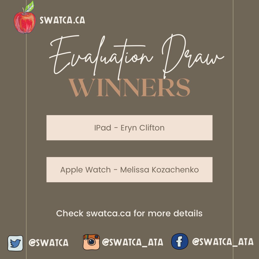 And here are the evaluation draw winners! Again, go to swatca.ca for details!